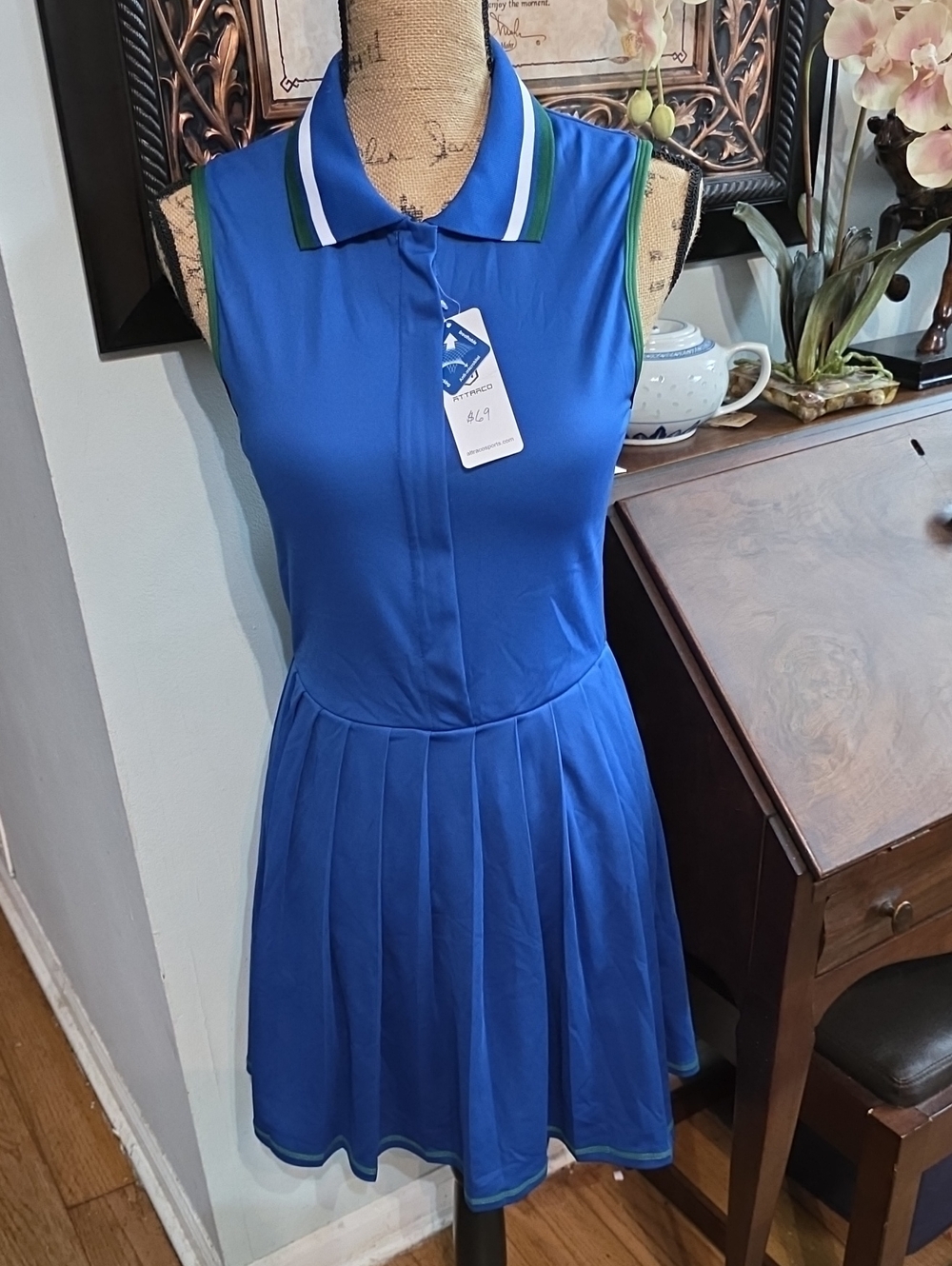 Trac Royal Blue Sleeveless Pleated Polo Dress with Green and White Trim